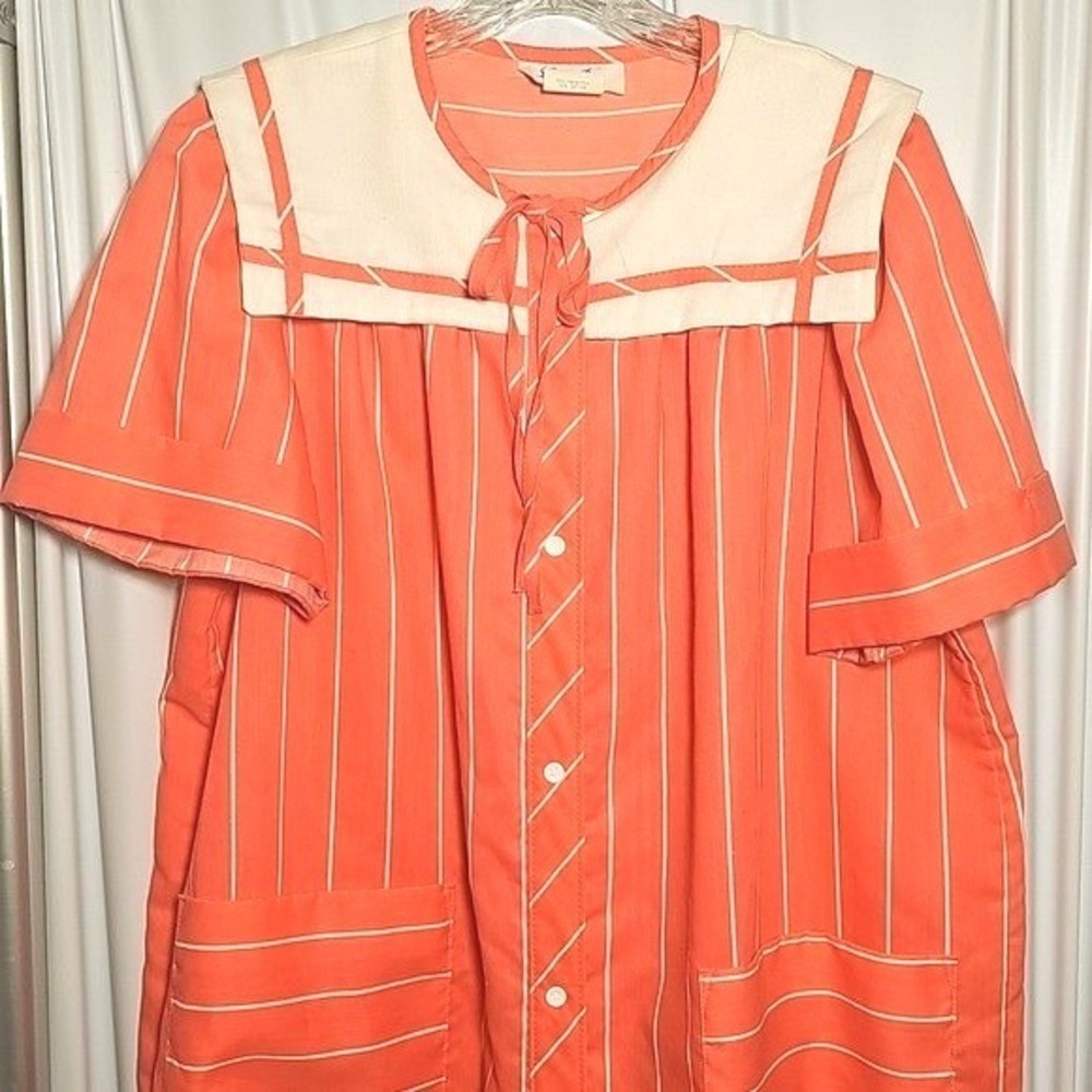 Vintage Lara Dee Womens Pink & White Stripe Snap-up House Dress Duster Large